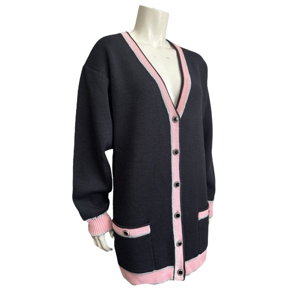 Vintage couture BLEYLE Merino wool cardigan black pink metallic silver large - Picture 2 of 15